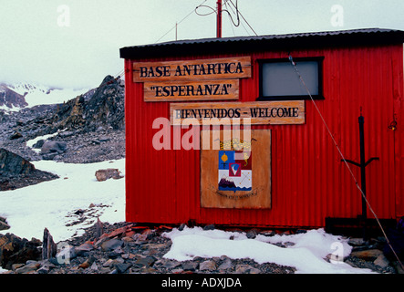 Willkommen, Welcome, Bienvenidos, Esperanza argentinischen Army Base und der wissenschaftlichen Forschung, Hope Bay, Antarktische Halbinsel, Antarktis Stockfoto