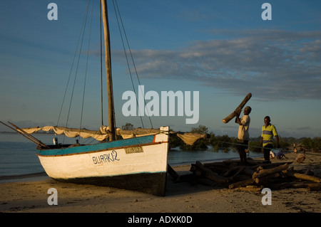 Entladen einer Dhau auf den Indischen Ozean-Afrika-Mosambik, die eine Ladung Brennholz trug Stockfoto