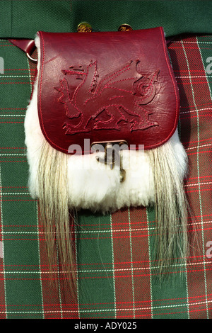 Mann trägt Welsh kilt in St. Davids Tartan mit roter Drache Lederbeutel bei Cardiff Castle Wales UK Stockfoto