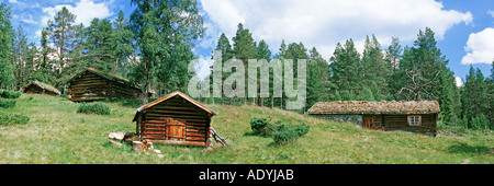 Maschinenbordbuch-Kabinen auf der Alp, mit Rasen Dächer, Norwegen, Femundensees, Gutulia NP, 01.07.2002. Stockfoto