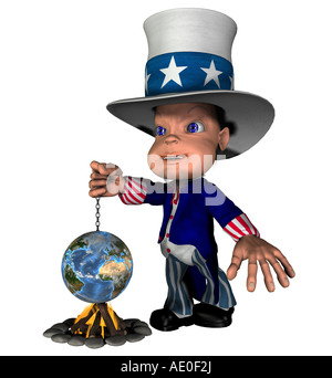 Nationale Figur Uncle Sam Schlag Feuer auf der ganzen Welt als Symbol für die USA als Verursacher der klimatischen Erwärmung Stockfoto