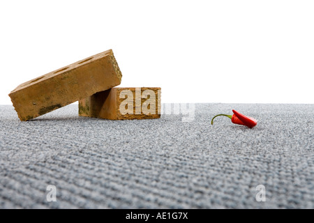 Rote Chilischote und zwei Backsteinen auf gemusterten Teppich Fliesenboden Stockfoto