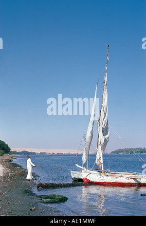 Feluken oder Segeln Boote vertäut am Ufer des Nils in der Nähe von einem nubischen Dorf Nordafrika Ägypten Stockfoto