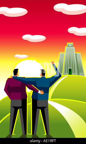 Rückansicht der beiden Geschäftsmänner stehend vor einem Gebäude Stockfoto