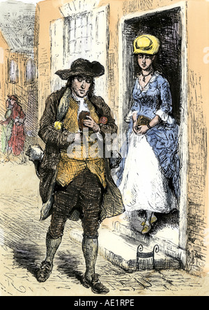 Benjamin Franklin in Philadelphia anreisen, als junger Mann auf der Suche nach Arbeit 1700. Hand - farbige Holzschnitt Stockfoto