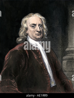 Sir Isaac Newton. Handcolorierte Stahlstich Stockfoto