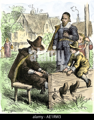 Puritan Täter in die Bestände der Massachusetts Bay Colony 1600. Hand - farbige Holzschnitt Stockfoto