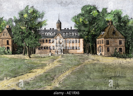 Early View William and Mary College in Williamsburg Virginia 1700. Hand - farbige Holzschnitt Stockfoto