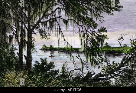 Native American Kanu auf den Savannah River bei James Oglethorpe besucht 1700. Hand - farbige Holzschnitt Stockfoto