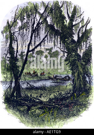 Frühe Siedler in Georgien Kolonie. Hand - farbige Holzschnitt Stockfoto