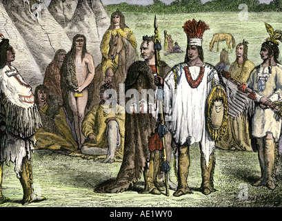 Creek Indian Village. Hand - farbige Holzschnitt Stockfoto