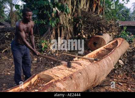 Ein Fischer baut einen Einbaum aus einem festen Stamm in einem kleinen Dorf im Südwesten der Côte d ' Ivoire Stockfoto