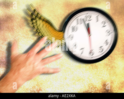 Hand für eine fliegende Uhr zu erreichen. Stockfoto