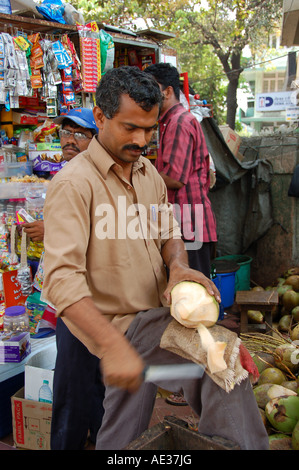 Kokosmilch-Verkäufer am Straßenstand in Mumbai / Bombay, Indien Stockfoto