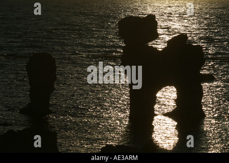 Natürliche Seastacks in Fårö, Gotland genannt Rauks. Diese Rauk ist eines der berühmtesten stehend im Wasser Gamla Hamnøya Stockfoto