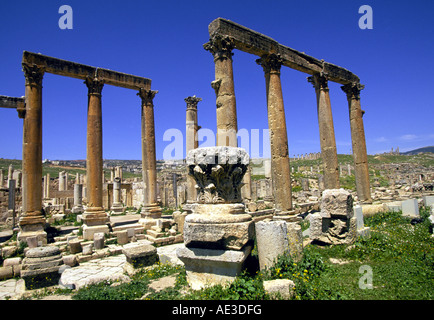 Spalten markieren den Standort von der alten römischen und Crusader Stadt von Jerash in der Nähe von Amman Jordanien Stockfoto