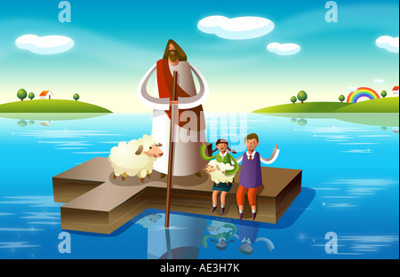 Jesus Christus mit einem jungen und einem Mädchen auf ein Kreuz im Fluss Stockfoto