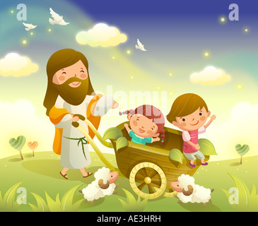 Jesus Christus mit zwei Kindern in einer Schubkarre Stockfoto