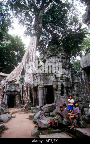 Kinder sitzen unter den Dschungel Ruinen von Ta Prohm, Angkor, Siem Reap, Kambodscha Stockfoto