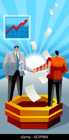 Zwei Geschäftsmänner stehend auf einem Felsvorsprung und Händeschütteln Stockfoto