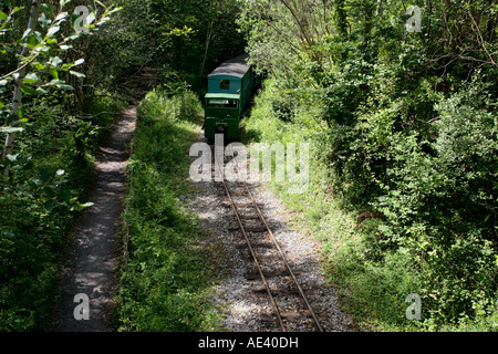 Kleinen Personenzug gezogen von einem Motor Schiene Simplex-Motor auf Schmalspurbahn bei Amberley arbeitendes Museum, Sussex, UK Stockfoto