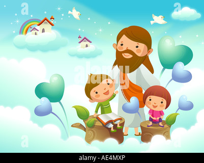 Jesus Christus mit zwei Kindern in der Cloud Stockfoto