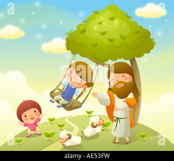 Jesus Christus mit zwei Kindern spielen Stockfoto