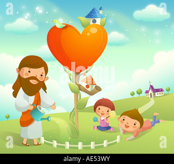 Abbildung von Jesus Christus eine Pflanze und zwei Kinder spielen auf dem Rasen Bewässerung Stockfoto