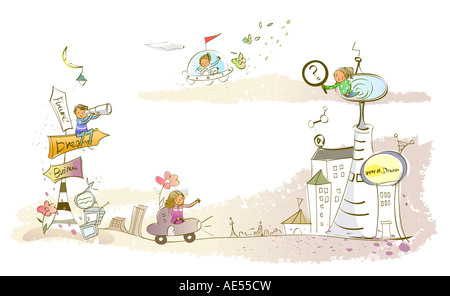 Vier Personen an verschiedenen Aktivitäten Stockfoto