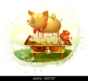 Münze über ein Sparschwein slot Stockfoto