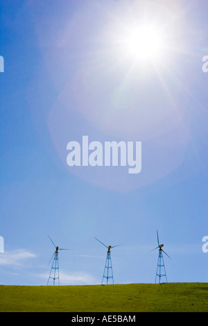 Sonne auf drei Windmühlen auf grasbewachsenen Hügel zeigt zwei Arten von alternativen Energiequellen solar und Windkraft Stockfoto