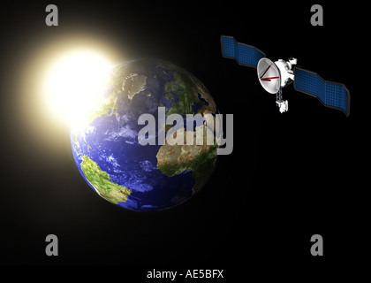 3D-Illustration Konzept des Planeten Erde mit Kommunikationssatelliten Stockfoto