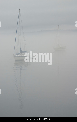 Zwei festgemachten Segelbooten aus dichtem Nebel an der Marina in Port Townsend Washington in der Olympic Peninsula Stockfoto