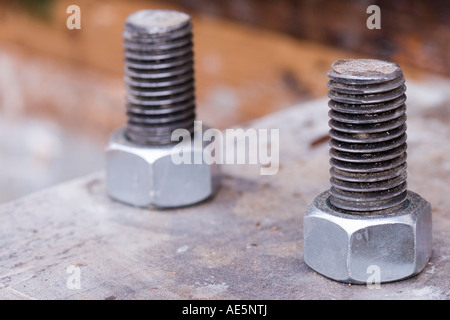 Zwei verzinkte Stahlschrauben mit Nüssen an rostigen Metallplatte befestigt Stockfoto