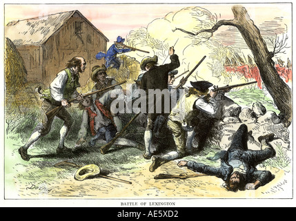 Minutemen in der Schlacht von Lexington Starten des Amerikanischen Unabhängigkeitskrieg 1775. Hand - farbige Holzschnitt Stockfoto