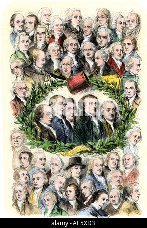 Unterzeichner der Unabhängigkeitserklärung mit dem Redaktionsausschuss in der Mitte 1776. Hand - farbige Holzschnitt Stockfoto