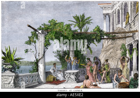 Der römische Kaiser Tiberius in seiner Villa auf der Insel Capri. Hand - farbige Holzschnitt Stockfoto