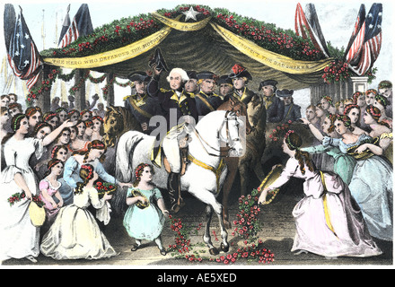 George Washington Empfang in Trenton NJ en Route zu seinem Amtsantritt als erster Präsident 1789. Hand - farbige Gravur Stockfoto