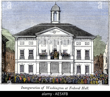 Federal Hall New York während George Washington Amtseinführung als erste US-Präsident 1789. Hand - farbige Holzschnitt Stockfoto