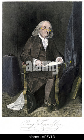 Benjamin Franklin mit seiner Unterschrift unter dem Porträt sitzt. Handcolorierte Stahlstich Stockfoto