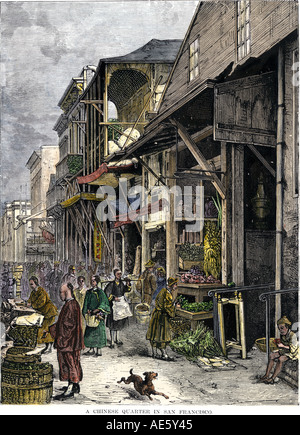 Geschäfte im chinesischen Viertel von San Francisco 1870. Hand - farbige Holzschnitt Stockfoto