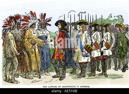James Olglethorpe und die ersten englischen Siedler Landung in Georgien 1733 durch Yamacraw gebürtige Amerikaner begrüßt. Hand - farbige Holzschnitt Stockfoto