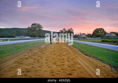 zwei Pferde und Jockeys Reiten auf der Pferderennbahn Stockfoto