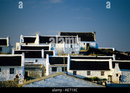 Stein und Stroh Fishermans Cottages im Arniston, Western Cape, Südafrika Stockfoto