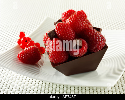 Eine moderne quadratische Schokolade Kuchen gefüllt mit Schokolade Trüffel und mit frischen Himbeeren auf einer Platte gekrönt Stockfoto