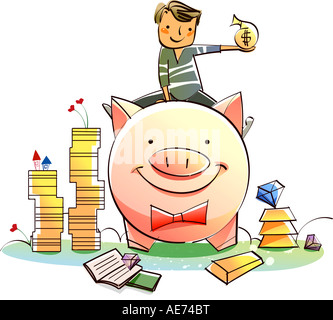 Man sitzt auf einem Sparschwein und halten eine Spardose Stockfoto