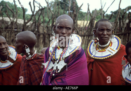 Massai-Frauen dekoriert mit Beeds und die traditionelle Kleidung in einem Maasai Manyatta (Weiler), Kenia. Stockfoto