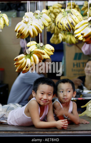 Trauben von Bananen in eine kleine Frucht hängen stehen, Kuching, Sarawak, Borneo, Malaysia Stockfoto