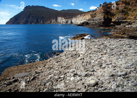 Die fossilen Klippen und die drohende Präsenz der Bischof und Schreiber Gipfel auf Maria Island Stockfoto