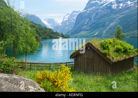 Kabine neben Lovatnet in der Nähe von Loen Stryn Sogn Og Fjordane Norwegen Blick in Richtung Gletscher Jostedalsbreen Stockfoto